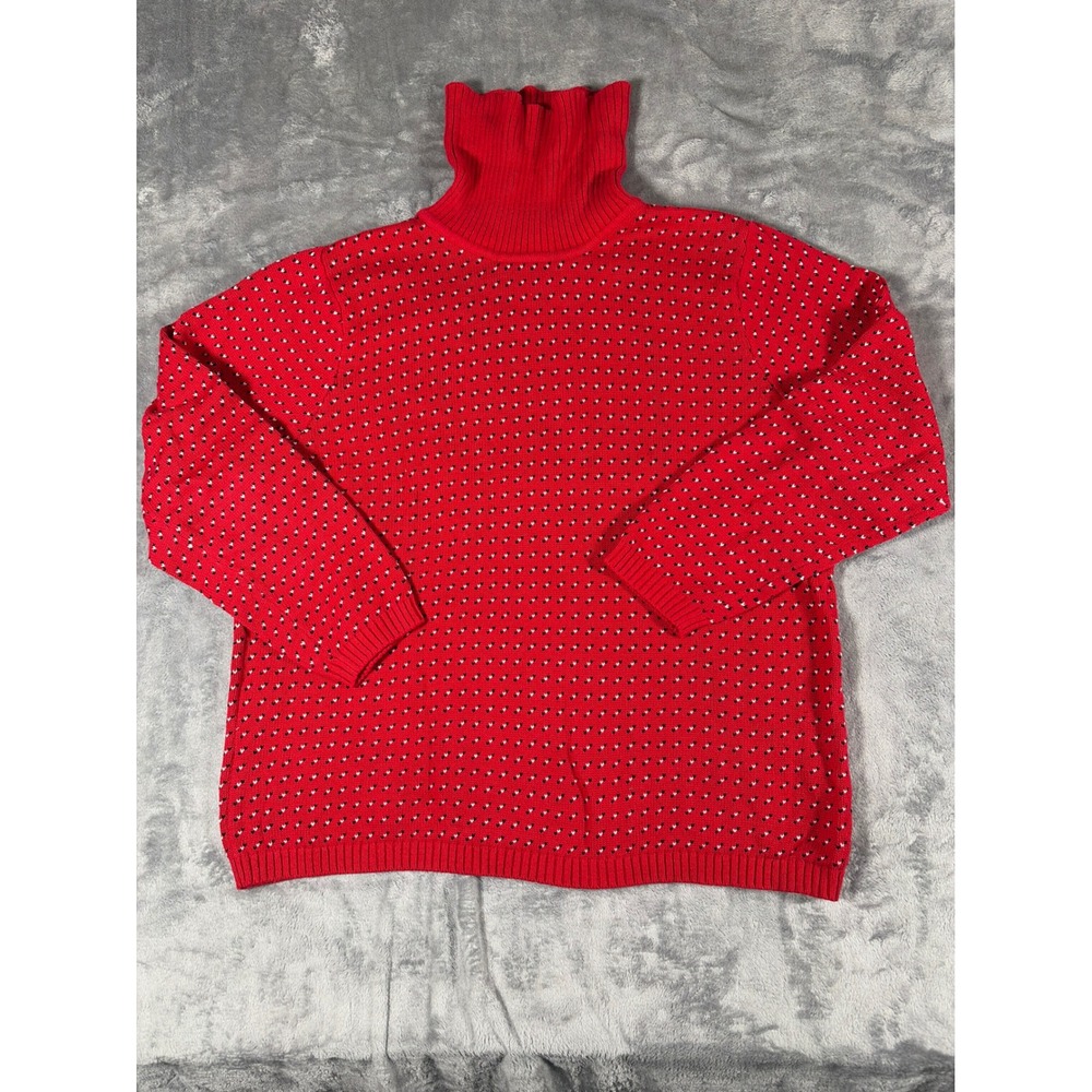Karen Scott Women XXL Red Turtleneck Sweater Cotton Micro Dot Knit Pullover